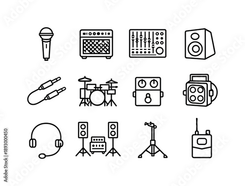 Live Music Icons. Live Music Equipment. Line icon set of Live Music Equipment: microphone, amplifier, mixer board, monitor speaker, audio cable, drum kit,