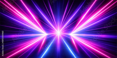 A vibrant purple star burst radiates energetic disco light beams and glowing laser rays across a shiny abstract space design featuring a bright pink and blue flare explosion