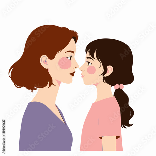 Illustration of a Mother and Daughter Facing Each Other with Close Proximity Highlighting Family Bond and Emotional Connection