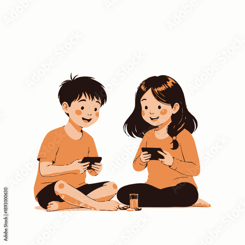 Children Engaged with Mobile Devices Sitting on the Floor in a Relaxed Indoor Setting, Sharing a Moment of Joyful Interaction and Digital Entertainment