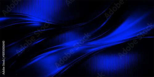 An abstract dark blue background features flowing light waves and glowing futuristic lines in a wavy motion design to create a textured purple and black art wallpaper
