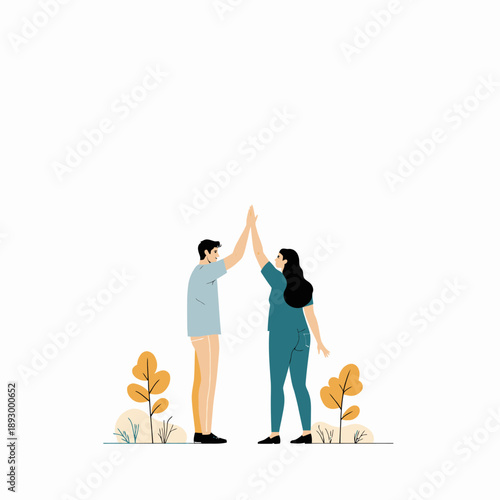 Illustration of a Happy Couple Sharing a Joyful High Five Amid Autumn Leaves in a Minimalist Outdoor Setting