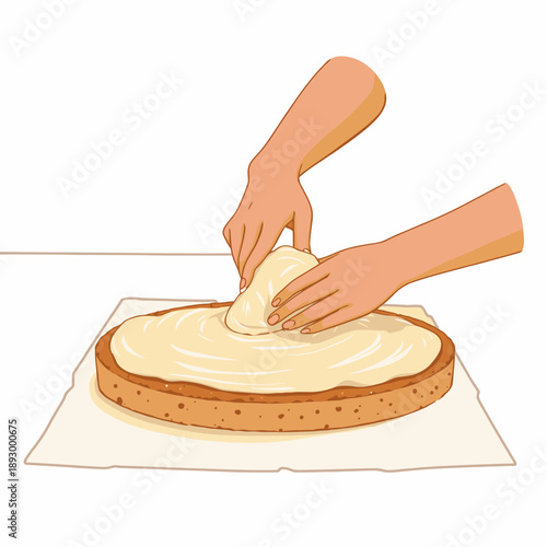 Hands expertly kneading smooth dough over a creamy, freshly baked cheesecake base without toppings on a clean white surface