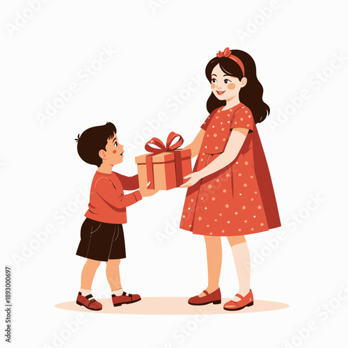 Heartwarming Illustration of a Young Girl Giving a Gift Box Wrapped with a Red Ribbon to a Little Boy in Playful Attire