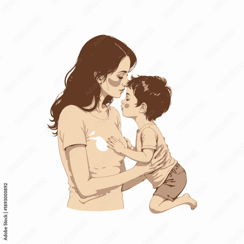 Obraz premium Illustration of a Tender Moment Between Mother and Child Expressing Love and Affection Through a Gentle Kiss and Embrace