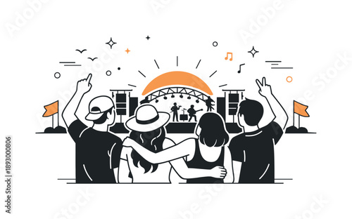 Sunset Music Fest Vibes. Friends at music festival sunset. Friends watching the stage during sunset with warm sky accents and soft silhouettes. Golden hour