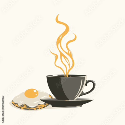 Elegant breakfast illustration featuring a steaming cup of coffee paired with a toast topped with a perfectly cooked sunny-side-up egg on a simple background