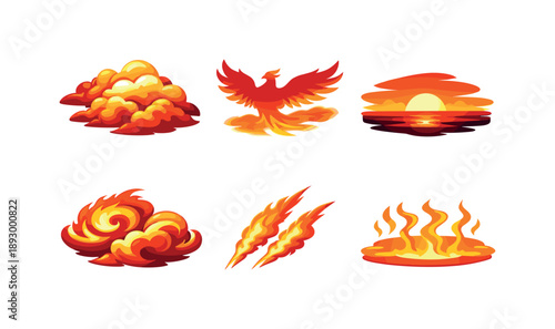 Fiery Sky Icons. Fiery Sky. Isometric flat vector icons set of Fiery Sky: blazing sunset clouds, phoenix shadow in sky, fire-lit horizon, swirling flame