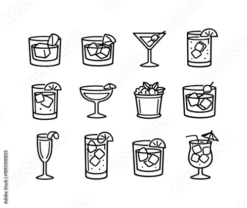 Classic Cocktail Icons. Classic cocktails. Line icon set of Classic cocktails: old fashioned, negroni, manhattan, gin and tonic, whisky highball, sidecar, mint