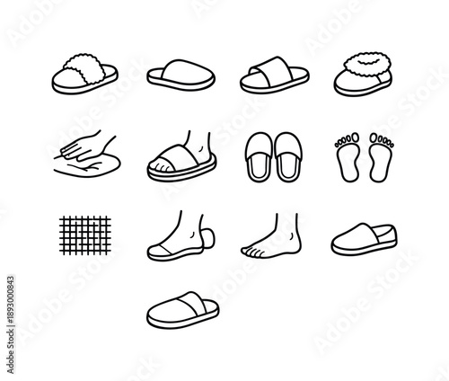 Indoor Footwear Icons. Indoor Footwear. Line icon set of Indoor Footwear: fuzzy slipper, soft sole, open toe slide, warm lining, memory foam, cozy fit, pair of