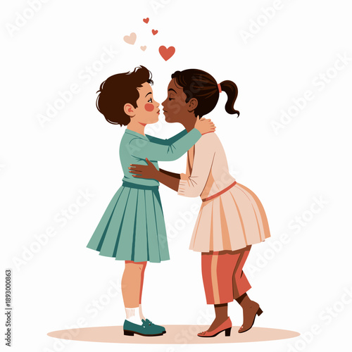 Beautiful illustration of two diverse women sharing a tender kiss, surrounded by floating hearts, expressing love and affection in a charming pose