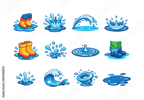 Playful Splash Icons. Playful splashing. Colorful isometric vector icons set of playful splashing: puddle jump, water burst, droplet arc, splash crown, wet