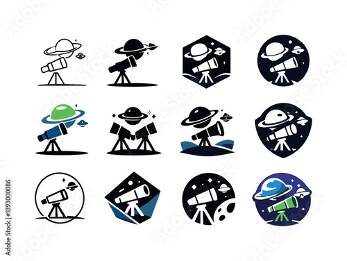 Alien Planet Logos. Alien planet detection. Icon set. Set Logo of Alien planet detection: telescope scanning distant exoplanet. harmonious logo variations of