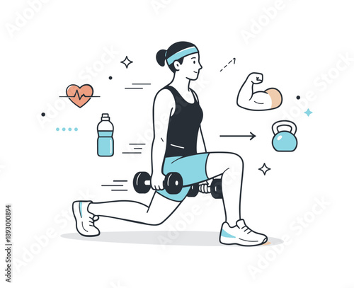 Dumbbell Lunge Workout. A person doing lunges with dumbbells for strength and toning. An individual in mid-lunge holding a pair of dumbbells, subtle motion