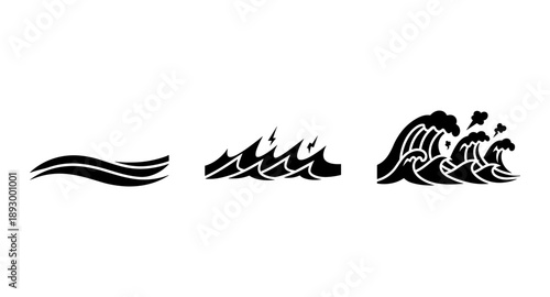 Set of stylized black wave icons showing progression from calm to stormy seas