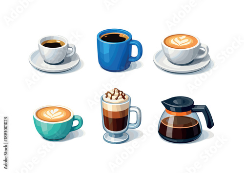 Isometric Coffee Icons. Coffee Drinks. Isometric flat vector icons set of coffee drinks: espresso cup, americano mug, latte cup with saucer, flat white cup,