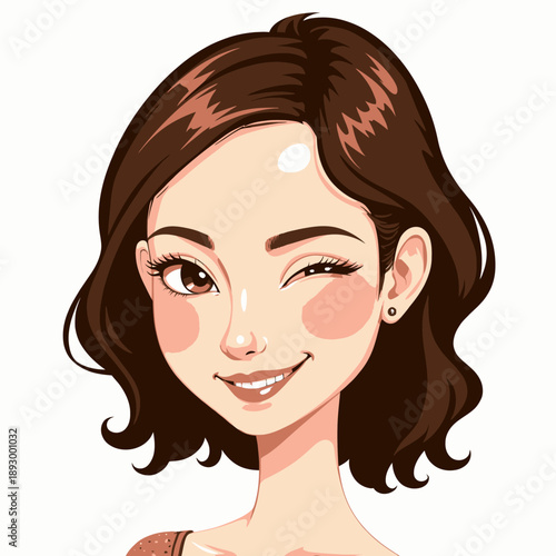 Cheerful Animated Character Winking with Smile and Short Brown Hair Wearing Red Outfit and Blue Earrings