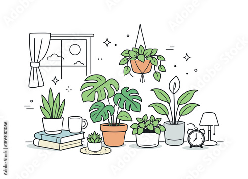 Leafy Indoor Decor. Indoor plants home decor scene. Variety of leafy plants in pots arranged near a window, showing natural light and relaxed everyday living.
