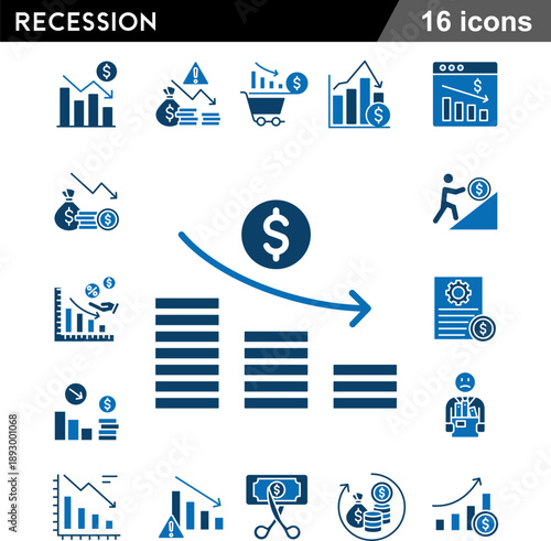 Recession Economics Toolkit 16 Dual Tone Blue Icons for Financial Downturn Visualization, Risk Management and Market Volatility Reports