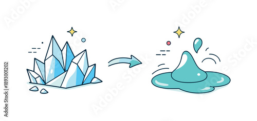 Ice to Water Transition. Ice to water transition. Abstract shapes shifting from sharp ice forms into smooth liquid curves. Visual metaphor of change, flow, and