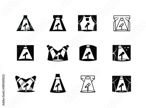 Theater Logo Variations. Theater performance. Icon set. Set Logo of theater performance: stage spotlight on microphone. harmonious logo variations of the same