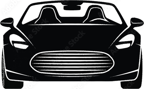 Front view of black luxury convertible sports car silhouette on transparent background with detailed grill and headlights