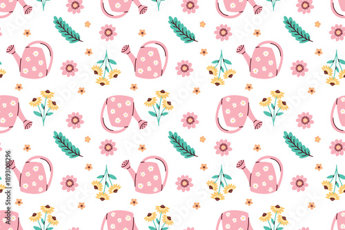 Gardening themed repeating background featuring hydration tools and spring blossoms. Endless floral texture for home decor, fabric prints, and eco friendly packaging designs.
