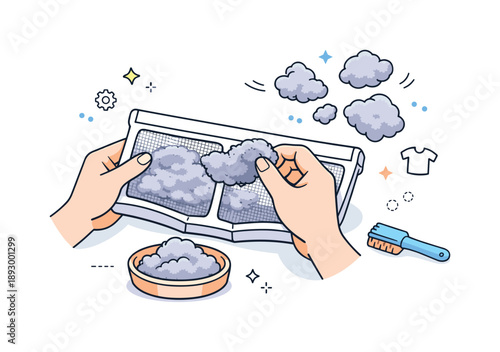 Cleaning Dryer Filter. Simple home maintenance task. A close-up view of a dryer filter being cleaned, with lint forming soft abstract shapes as it?s removed.