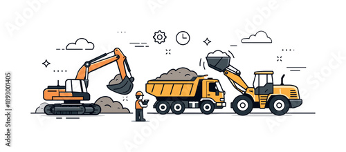 Heavy Machinery Harmony. Industrial machinery at work. Excavators and loaders move earth in a controlled environment, highlighting productivity and scale. The
