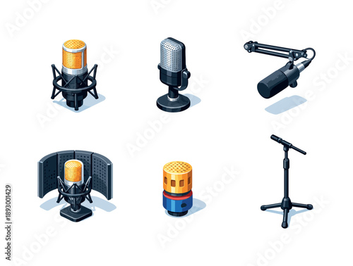 Studio Microphone Icons. Studio microphone. Isometric flat vector icons set of studio microphone: large diaphragm microphone, side-address