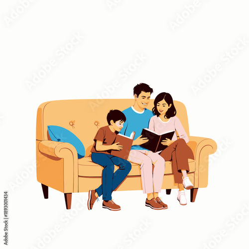Family enjoying quality time reading together on a cozy sofa, promoting bonding and literacy, with a focus on shared stories and educational growth in a warm setting