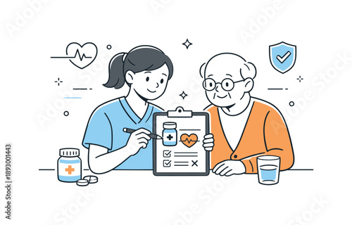 Elderly Care Support. Caregiving for elderly health support. Caregiver reviewing medication notes or a simple health chart. Responsible care and organized