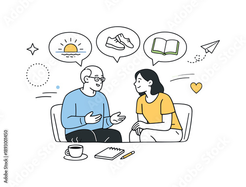 Supportive Retirement Transition. Helping a loved one adjust to retirement. A supportive family member listens and talks calmly with a retiree, sharing plans