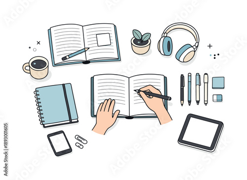 Minimalist Study Setup. People studying at home. A top-down view of a study setup with notebooks, pens, and headphones, emphasizing order, structure, and an