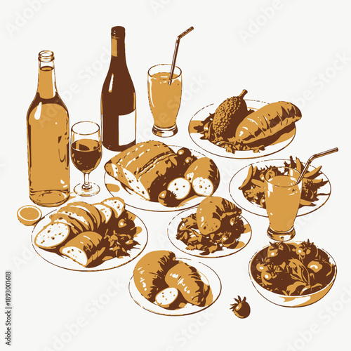 Assorted Bread and Refreshments: A Feast of Sliced Baguettes, Croissants, Vegetables and a Selection of Juices with Red and White Wine Bottles