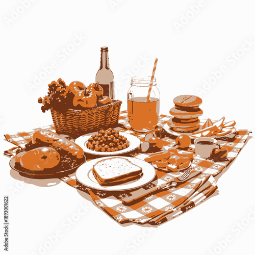 Delicious Picnic Spread with Fresh Vegetables, Homemade Bread, and Refreshing Drinks on a Checked Cloth