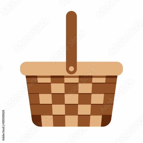 Illustration of a Traditional Picnic Basket with Classic Wicker Design and Wooden Handle, Featuring a Checkered Pattern and Simple Flat Color Style