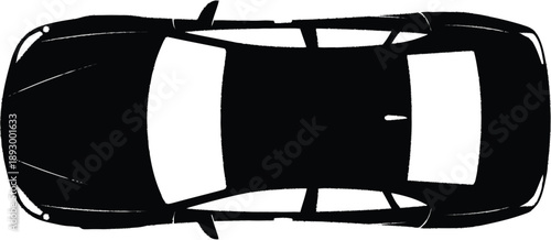 Black silhouette of modern car viewed from above showing roof windows and shape isolated on transparent background