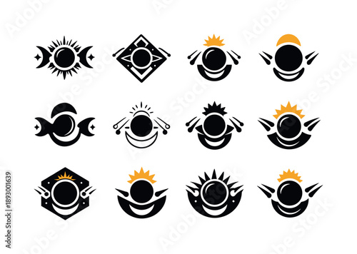 Astronomical Event Icons. Astronomical events like solar eclipses and meteor showers. Icon set. Set Logo of astronomical events like solar eclipses and meteor