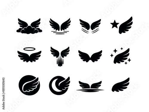 Angel Wing Icons. Angel wing scenes. Solid icon set of angel wing scenes: wing above clouds, wing rising, wing descending, wing beside star, wing with halo,