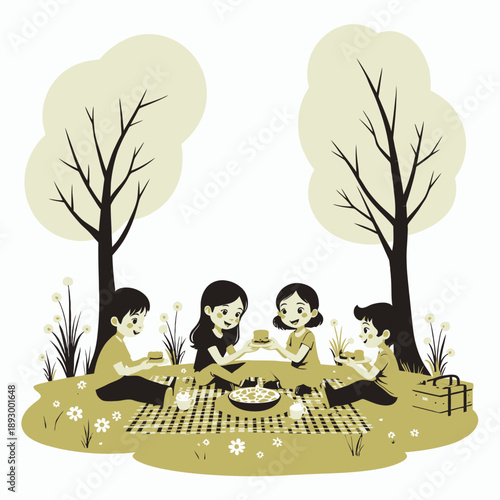 Children Enjoying a Picnic Together on a Red Checkered Blanket Beside Trees in a Green Grassy Area with Snacks and Beverages Under Open Sky