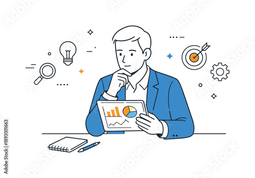 Data Insight Evaluation. Strategic analysis. Manager reviewing data on a tablet with simple graphs, thoughtful evaluation and insight. Calm professional mood