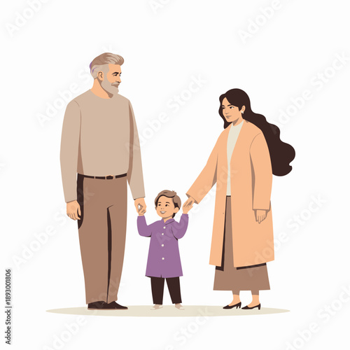 Illustration of a Family with Two Adults and a Child Standing Together, Highlighting Generational Bonds and Family Unity in a Harmonious Composition