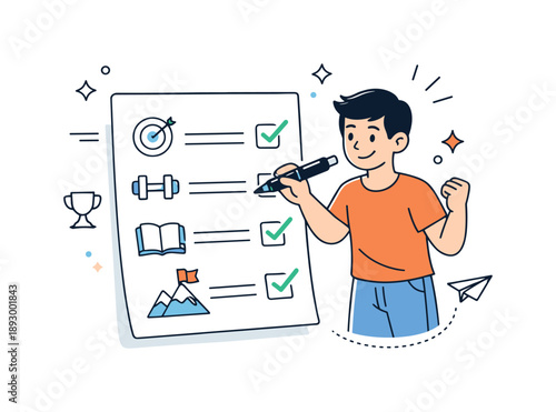 Goal Achievement Checklist. Goal setting progress. A character checking completed tasks on a simple checklist with icons. Sense of achievement, motivation, and
