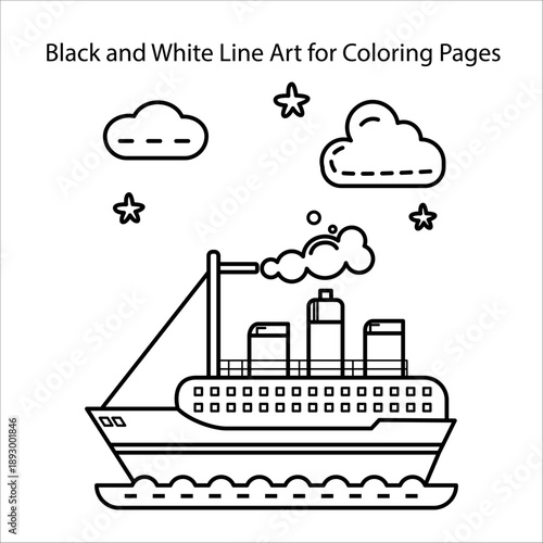 Ship black and white line art coloring page for children. Simple outline perfect for kids activities, classroom projects, and creative play. Printable vector illustration