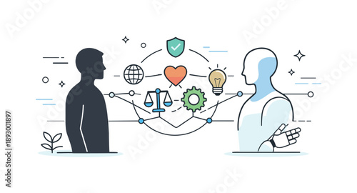 AI-Human Harmony. AI with humans future concept. Human silhouette and abstract AI form connected by lines and icons, calm and optimistic scene. Balance between