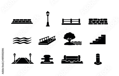 Urban Embankment Icons. Urban Embankment. Solid icon set of Urban Embankment: paved embankment, lamp post, modern railing, stone wall, flowing water, dock
