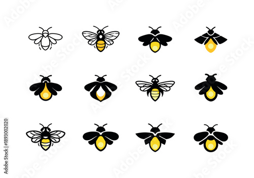 Firefly Logo Collection. Fireflies. Icon set. Set Logo of fireflies: summer night firefly. harmonious logo variations of the same emblematic concept, each with