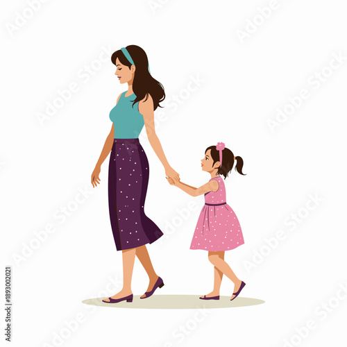 Illustration of a mother and daughter in colorful outfits walking together, holding hands with expressions of joy and love on a simple white background