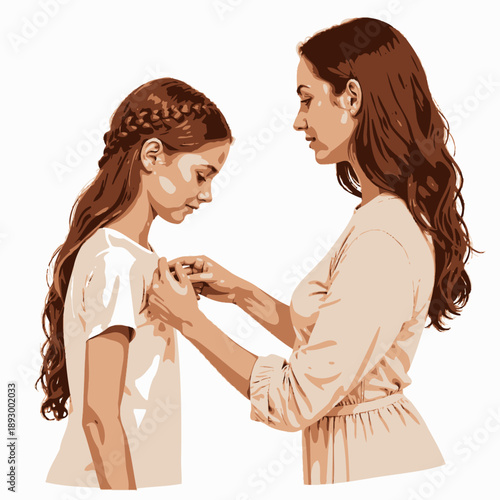 A Tender Moment Between Two Individuals with Long Brown Hair Carefully Adjusting their Outfits, Featuring Intricate Braided and Wavy Styles